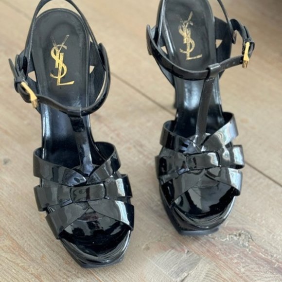 YSL Yves Saint Laurent Tribute Sandals in Black Patent Leather Size 38.5 - Picture 3 of 5